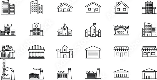Large Architecture and Diverse Building Vector Line Icons Set, Including Office, Hospital, Residential, Stadium, Factory, and Commercial Structures