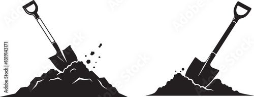 Silhouette of a shovel in dirt digging illustration vector, Print Shovel in soil silhouette icons, digging tools, construction symbols, black vector illustrations