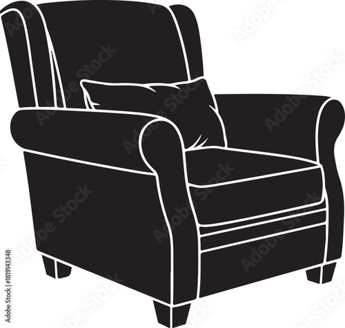 Black silhouette of a modern armchair, Silhouette of a comfortable armchair with cushion on white background