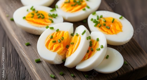 Perfectly cooked hardboiled eggs, halved and sliced, sprinkled with fresh chives, artfully arranged on a rustic wooden board, ideal for a healthy meal