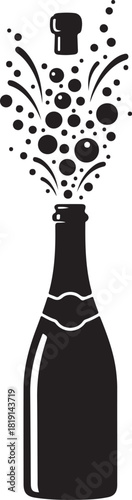 Silhouette celebration champagne bottle with cork popping and bubbles.