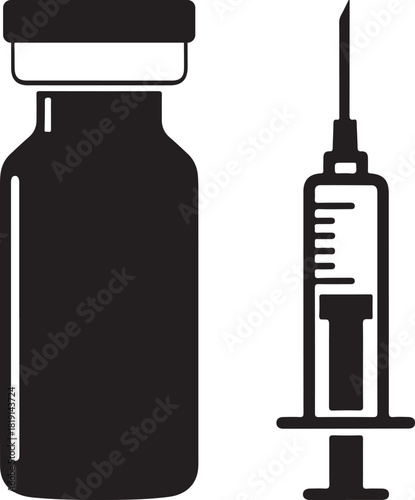 medical syringe and vial depicted in black silhouette, Black and White Silhouette of Vaccine Vial and Syringe Depicting Medical Injection.