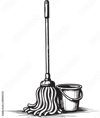 Classic vector artwork of a mop and bucket as housekeeping tools—suitable for educational content,