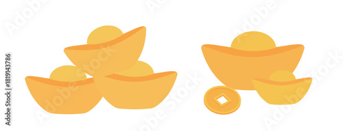 Chinese gold ingots and coins flat vector illustration set.
Gold Ingot yuanbao and coins icon element.
White background.