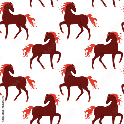 Elegant pattern of red horses dancing gracefully on a white background, showcasing a whimsical and artistic design