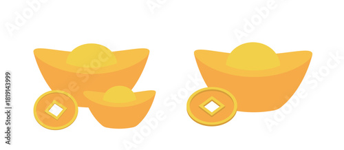 Chinese gold ingots and coins flat vector illustration set.
Gold Ingot yuanbao and coins icon element.
White background.