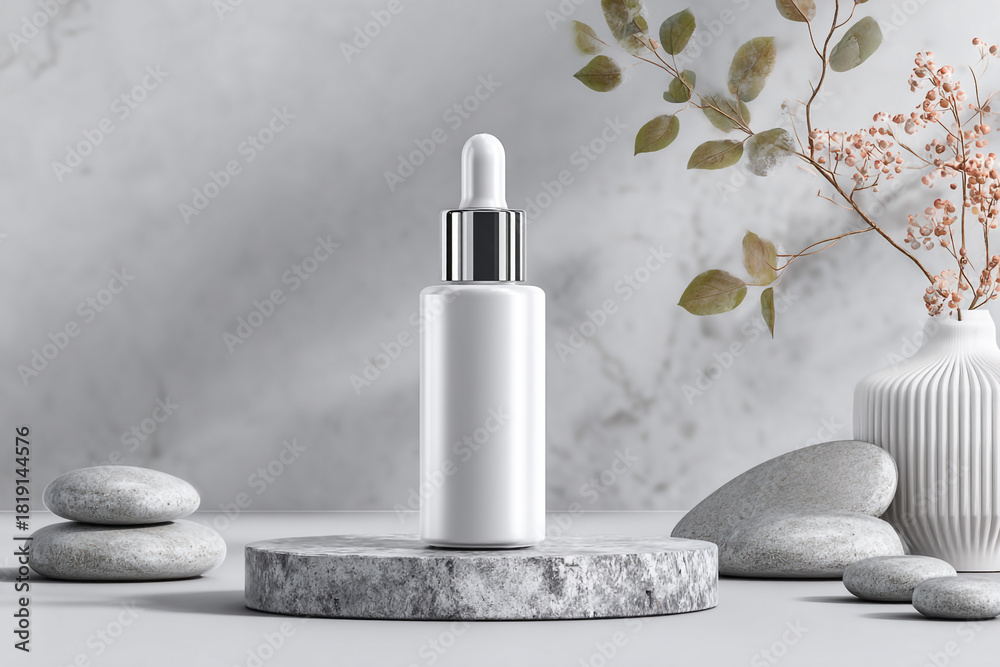 Fototapeta premium White dropper bottle sits on a natural stone podium surrounded by smooth grey stones a textured white vase and dried botanical elements against a subtle marble wall creating a serene product display