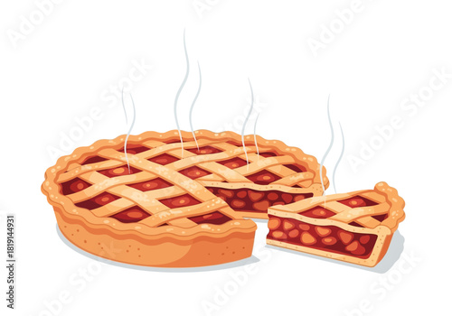 Delicious hot apple pie with a lattice crust and a tempting slice cut out, steaming fresh from the oven, a classic dessert perfect for any occasion