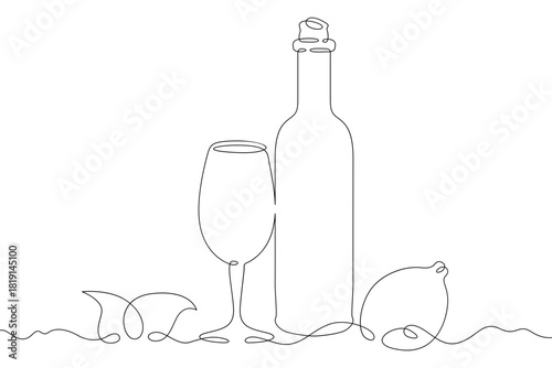 Continuous single line drawing a glass of wine and a bottle. Linear . One continuous line isolated minimalist illustration. Not AI.