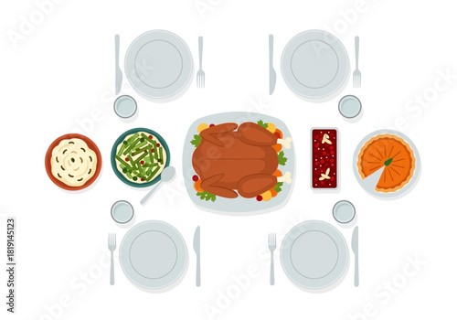 Festive Thanksgiving Table Spread with Holiday Food Overhead View