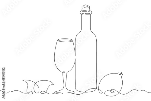 Continuous single line drawing a glass of wine and a bottle. Linear . One continuous line isolated minimalist illustration. Not AI.