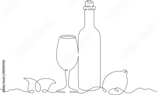 Continuous single line drawing a glass of wine and a bottle. Linear . One continuous line isolated minimalist illustration. Not AI.