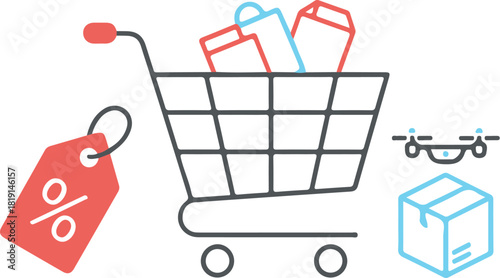 Online shopping vector with shopping cart icon, discount tag, delivery box, clean geometric visuals, white background