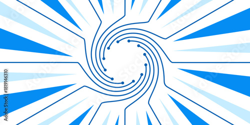 Abstract Digital Technology Background with Central Swirl Circuit Board Lines and Comic Radial Speed Effect