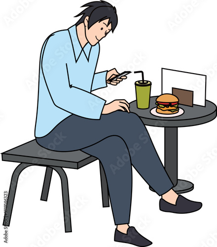 ファストフード店でスマホを見る男性の姿