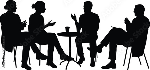 Group discussion silhouettes, four people seated around table, business meeting or teamwork concept, abstract shadow figures, communication design illustration