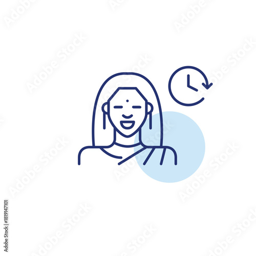Indian woman wearing traditional clothes and clock. Daily routine, time tracking and work schedules. Pixel perfect, editable stroke vector icon