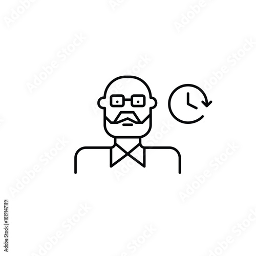 Man wearing glasses and clock. Daily routine, timeless tracking and work schedules. Pixel perfect, editable stroke vector icon