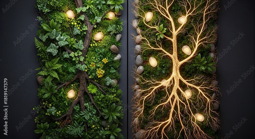 © aminsmart - Lush Greenery Meets Illuminated Life: A Study in Botanical Contrasts and radiant harmony © aminsmart - Lush Greenery Meets Illuminated Life: A Study in Botanical Contrasts and radiant harmony