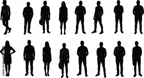 Group of people silhouettes, men and women standing poses with bags, abstract shadow figures, unity diversity concept, lifestyle posture reference