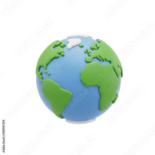3D Rendered Earth Globe Icon with Green Continents and Blue Oceans Isolated on White Background