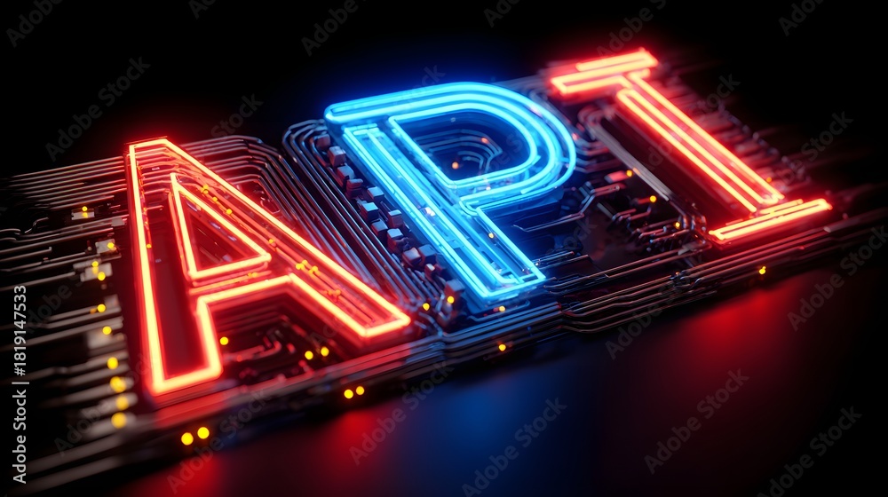 Obraz premium API Neon Sign on Circuit Board.