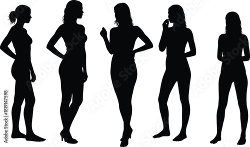Human silhouette collection, five standing poses with varied gestures and postures, abstract shadow figures, body language reference, lifestyle design set