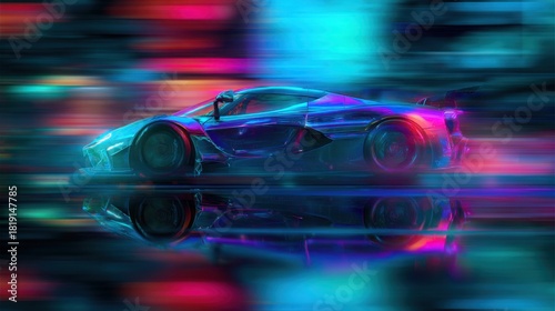 hyper detailed futuristic sports car, neon lights reflecting on glossy body, motion blur effect, cinematic ultra wide view, vibrant colors, glowing