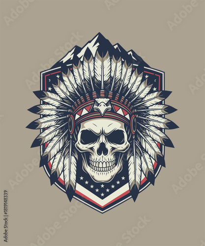 Skull Wearing Native American Headdress with Feathers and Mountain Background Illustration