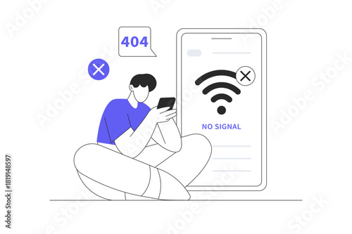 Man with phone, bad device work wifi signal, lost connection, internet disconnection. Flat Cartoon Vector Illustration, icon Stylish abstract design landing page web