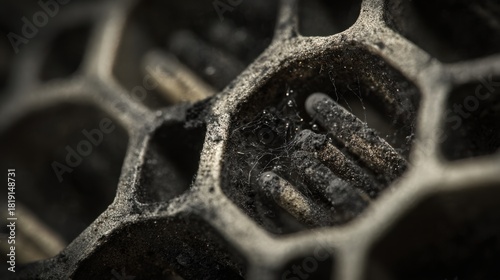 macro close up of a clogged catalytic converter honeycomb, realistic ceramic texture, dark soot deposits, engine bay lighting, minimalistic style