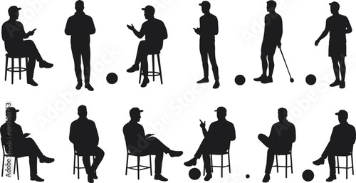 Human silhouette collection, standing sitting gesturing poses with ball and cane, abstract shadow figures, posture reference, lifestyle design illustration
