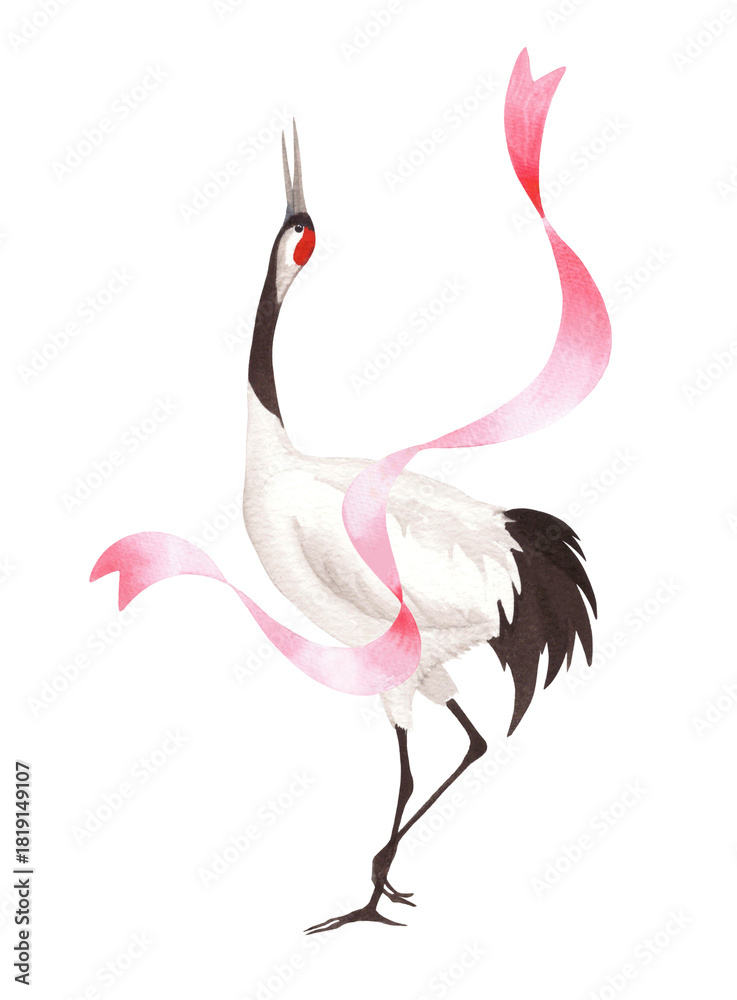 Naklejka premium Dansing japanese red crown crane and silk pink ribbon. Watercolor handmade illustration. Delicate illustrations for fabric, wallpaper, greeting cards, design, decoration and illustration.
