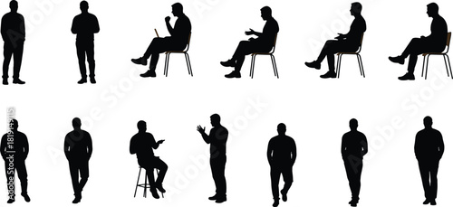 Human silhouette collection, standing sitting walking poses with laptop and stool, abstract shadow figures, posture reference, lifestyle design illustration