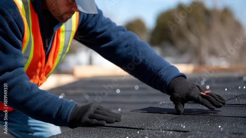 54Roofer wearing protective gloves inspecting a newly installed row of asphalt shingles, tactile detail on the surface, sunlight reflecting off small metal nails and vest stripes