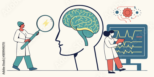 Medical researchers exploring brain function, a modern concept for mental health, cognitive science, and neurological research, originally a scalable vector graphic