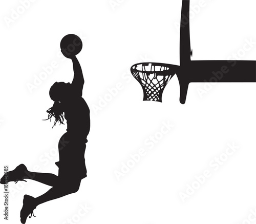 Silhouette of a female basketball player dunking a ball on a gray background
