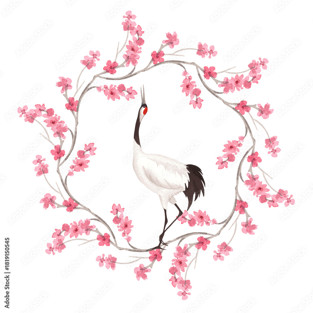 Obraz premium Wreath of sakura and japanese crane. Watercolor handmade illustration. For fabric, wallpaper, greeting cards, design, decoration and illustration.
