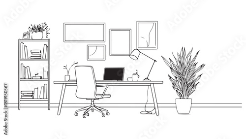 ontinuous Line Drawing of a Home Office Desk and Workspace