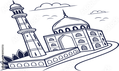 Stylized line art illustration of the taj mahal mausoleum and minaret against a sky with cloud, isolated on white background
