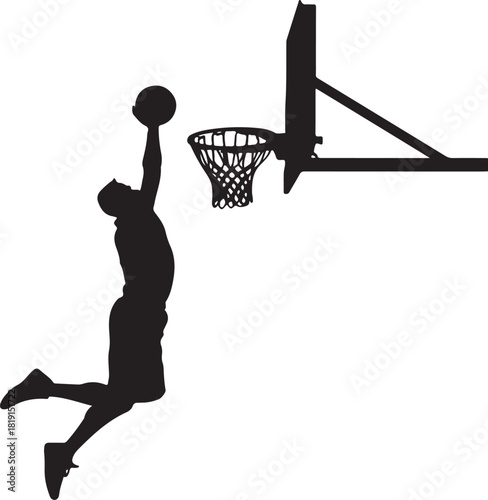 Silhouette of a basketball player dunking the ball on a gray background