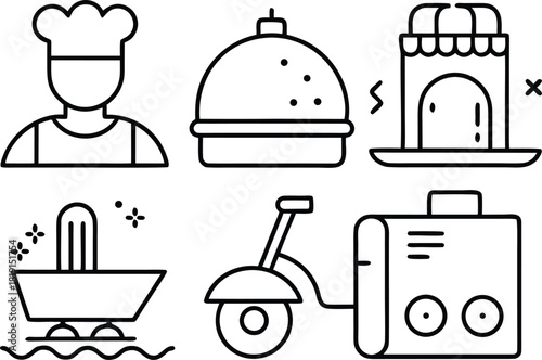 Chef, food icons, food truck, and kitchen appliances icon set