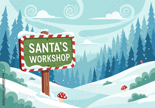 Santa's Workshop sign in winter landscape with snow and trees, festive atmosphere, holiday theme