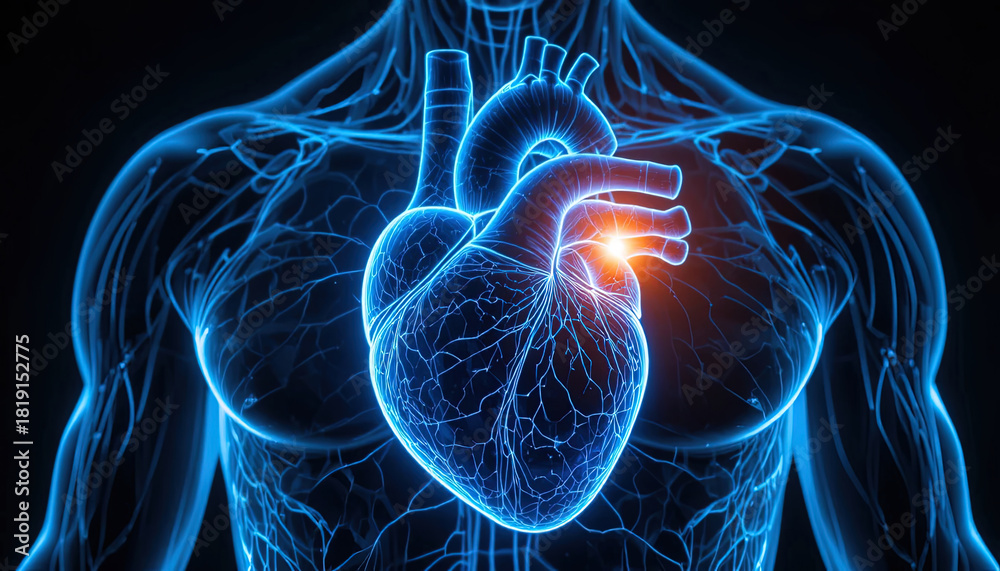 Obraz premium Vibrant blue human heart illustration pulsing with life, perfect for medical education or healthcare marketing materials showcasing cardiovascular health