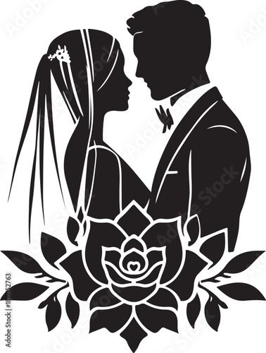 Elegant silhouette of a bride and groom embracing with a rose design