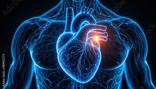 Vibrant blue human heart illustration pulsing with life, perfect for medical education or healthcare marketing materials showcasing cardiovascular health