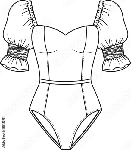 One piece fashion bodysuit vector illustration with puff sleeves, sweetheart neckline, vertical seams, waistband detail, high cut brief, technical sketch, 