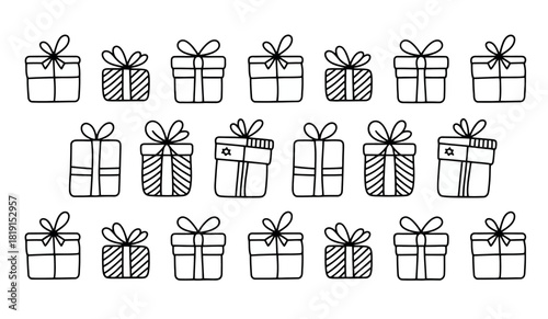 A collection of hand-drawn gift boxes with ribbons and bows in a grid pattern.
