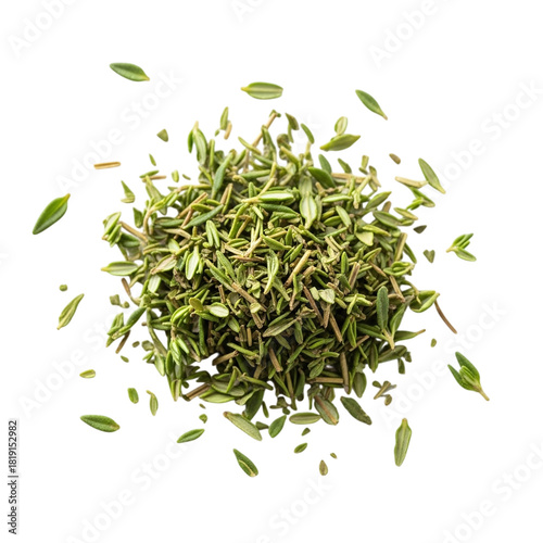 Pile of dried thyme leaves and sprigs isolated on a black background creating a flavorful culinary ingredient for seasoning and herbal remedies offering a rustic organic touch to your food photography