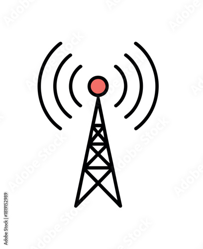 A stylized illustration depicts a communication tower emitting radio waves.